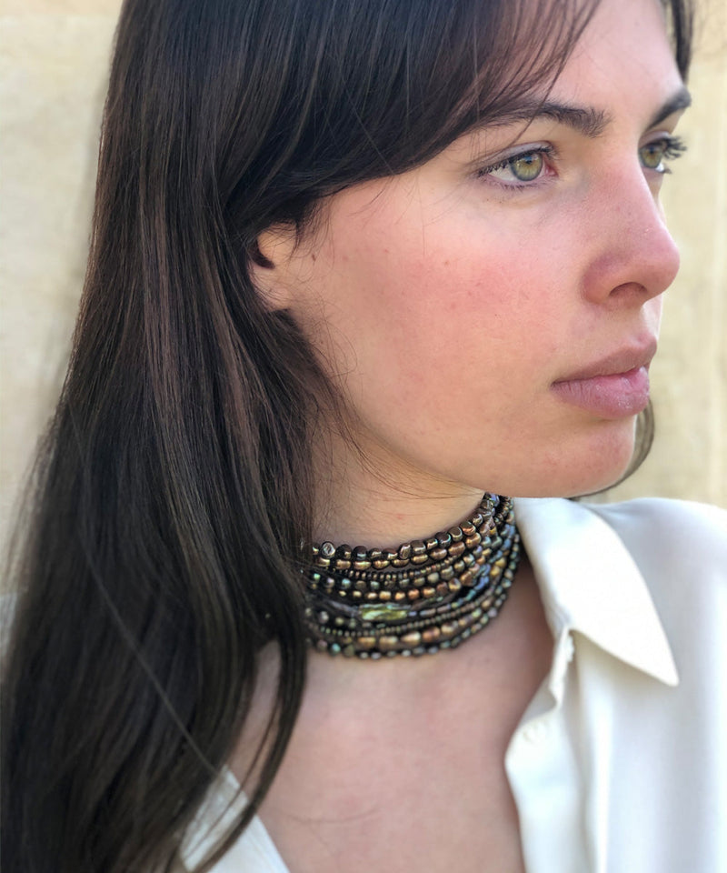 Collier ras de cou perles grises et dorées irisées - Poggi