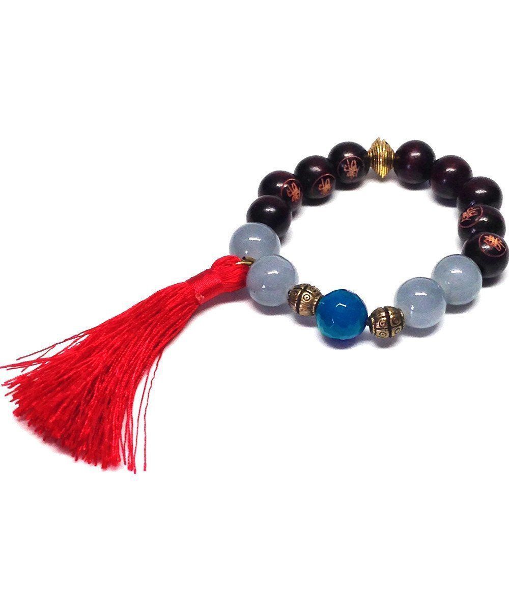 Bracelet mala tibetain agathes grises, bleues et pompon - Jewels of Mala