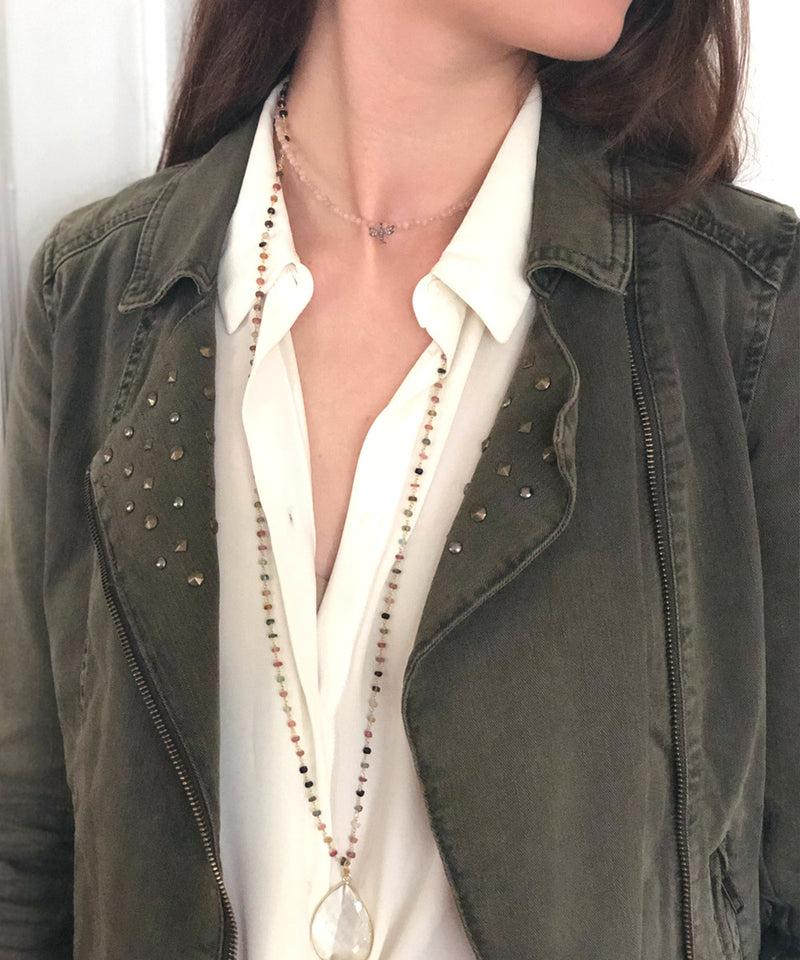 Collier pierres multi tourmalines, pendentif cristal de roche