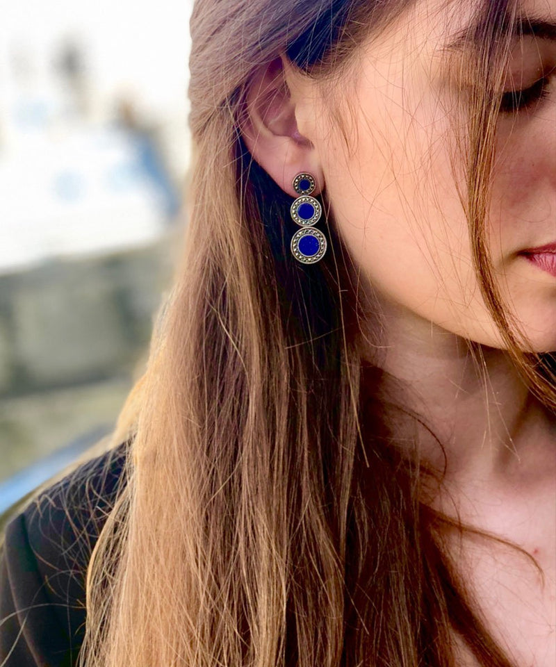 Boucles d'oreilles art déco en lapis-lazuli, marcassites et argent 
