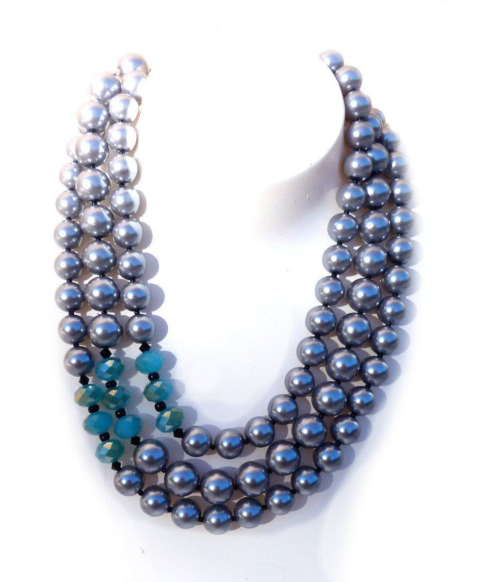 Collier de perles 3 rangs - Gris et cristaux aqua - FlotB
