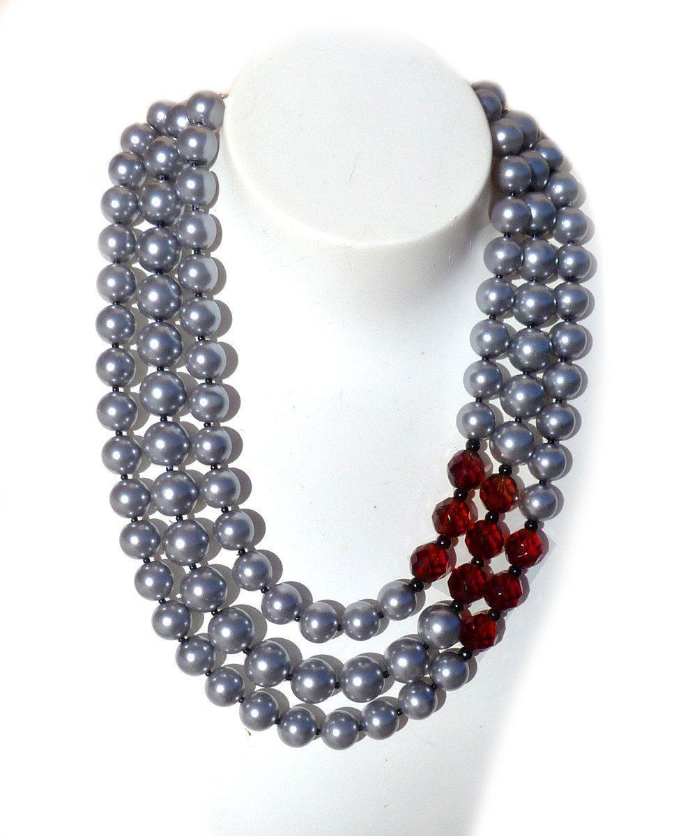 Collier de perles 3 rangs - Gris et cristaux bordeaux - FlotB