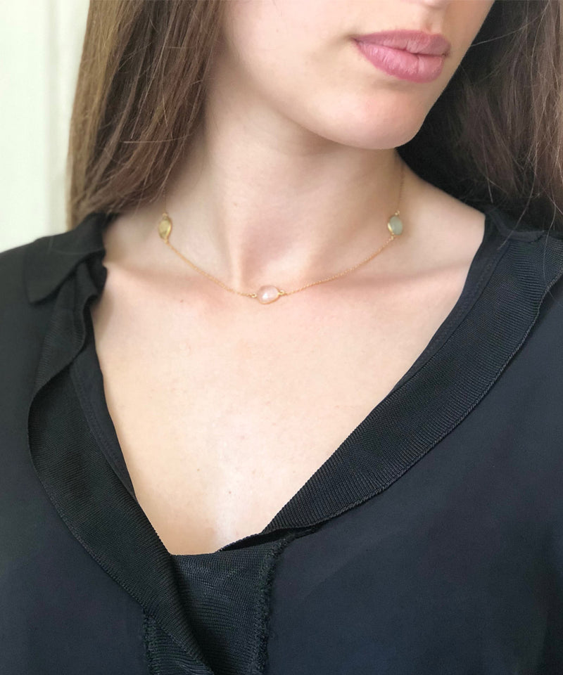 collier pastel quartz rose, calcédoine bleue, citrine