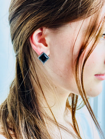 Boucles d'oreilles art déco en onyx, marcassites et argent - Métron