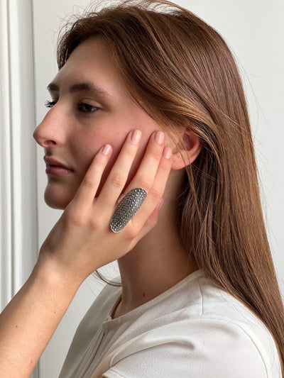 Bague très longue en marcassites et argent