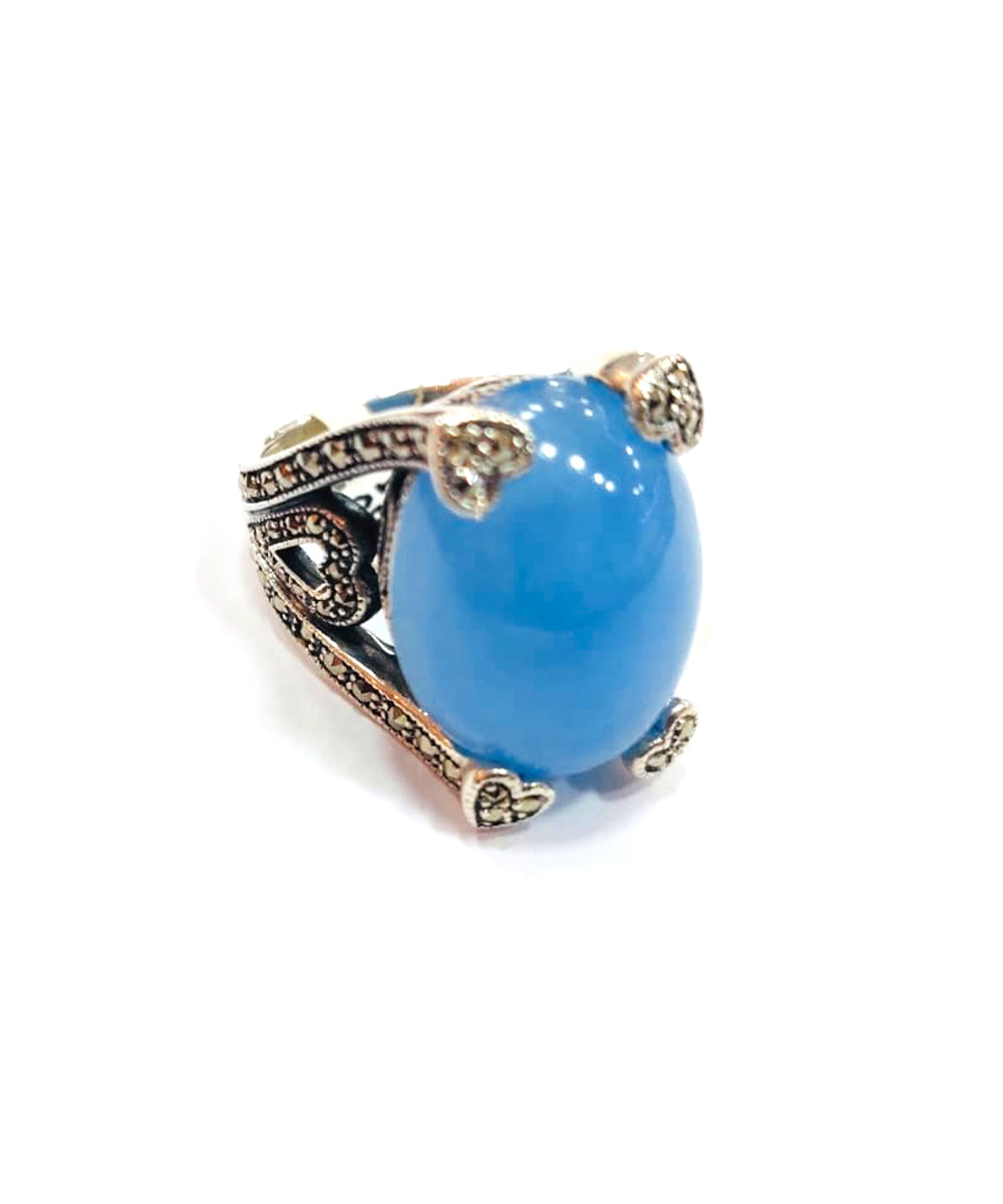 Bague art déco calcédoine bleue en argent et marcassites
