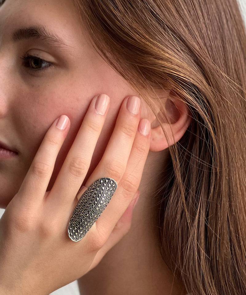 Very long ring in marcasites and silver