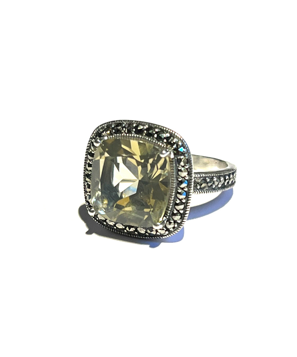 Bague quartz lemon art deco en argent et marcassites