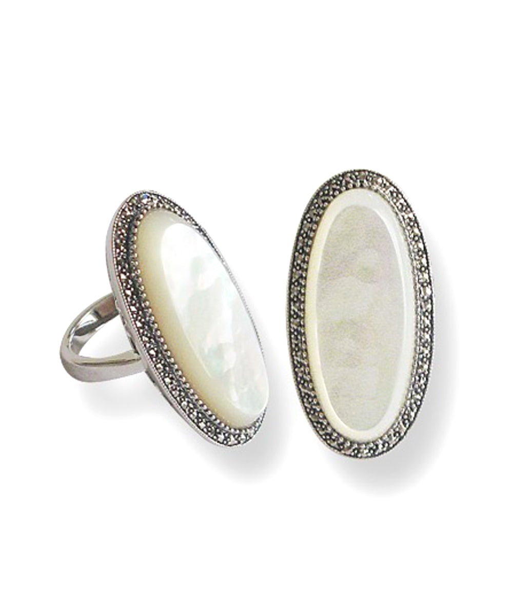 Longue bague nacre ovale art deco en argent et marcassites