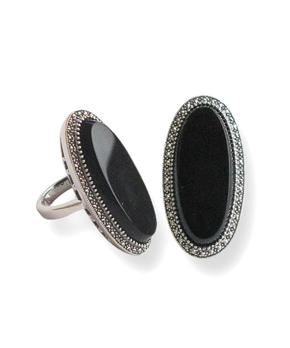 Longue bague onyx ovale art deco en argent et marcassites