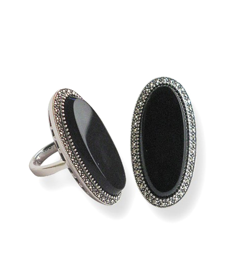 Long art deco oval onyx ring in silver and marcasites