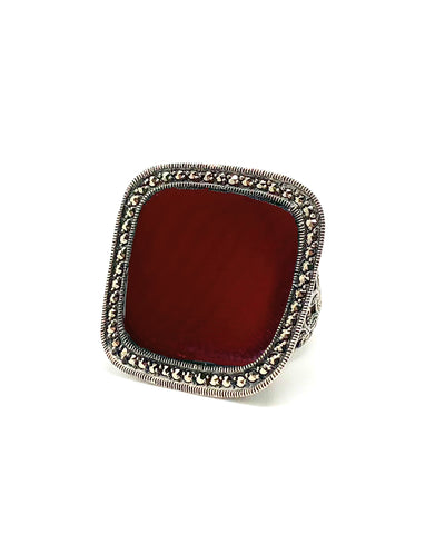 Large square carnelian ring, silver and marcasites - Métron