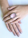 Large cabochon ring in pink jade, silver and marcasites art deco scope