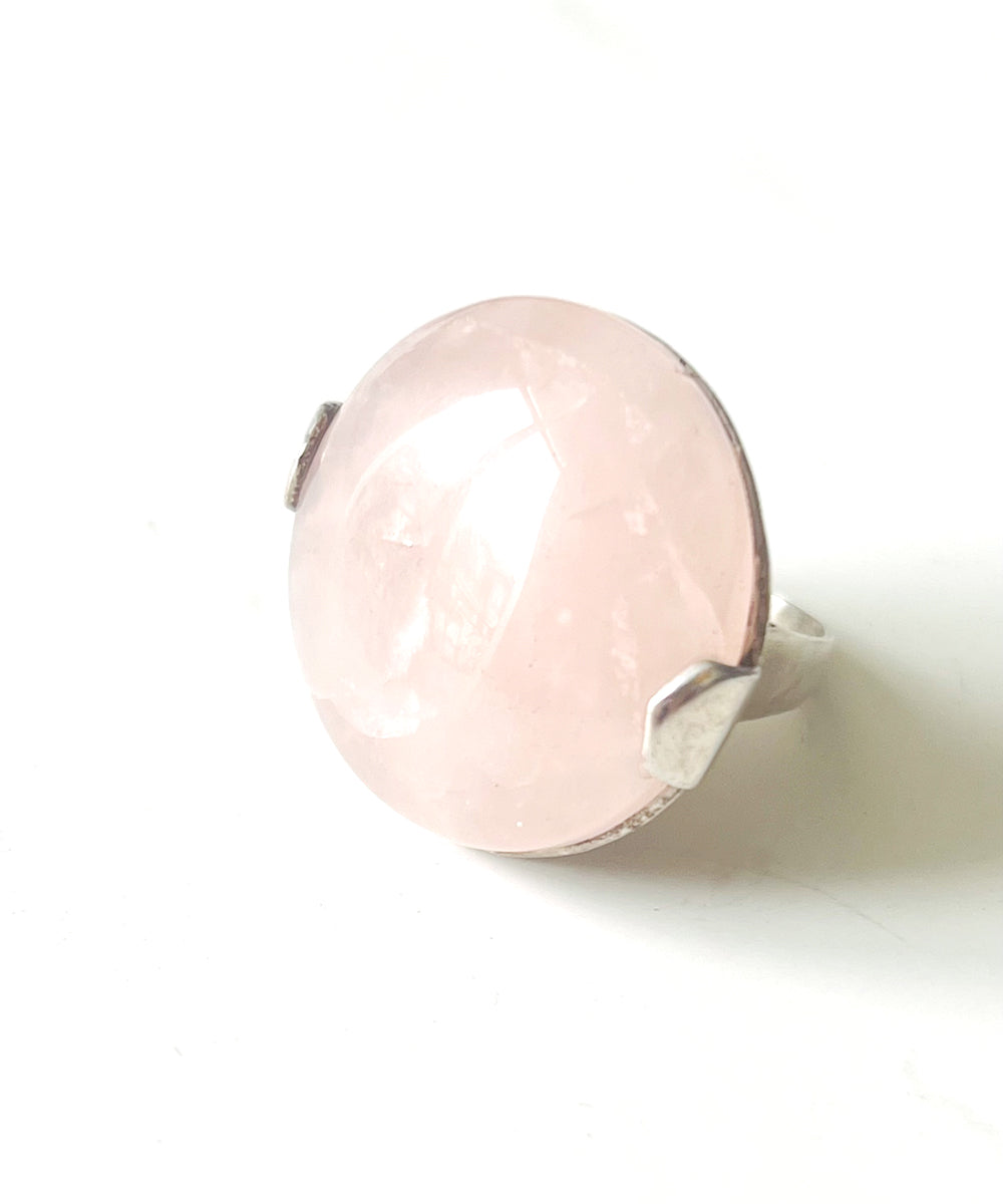 Grosse bague quartz rose ronde en argent