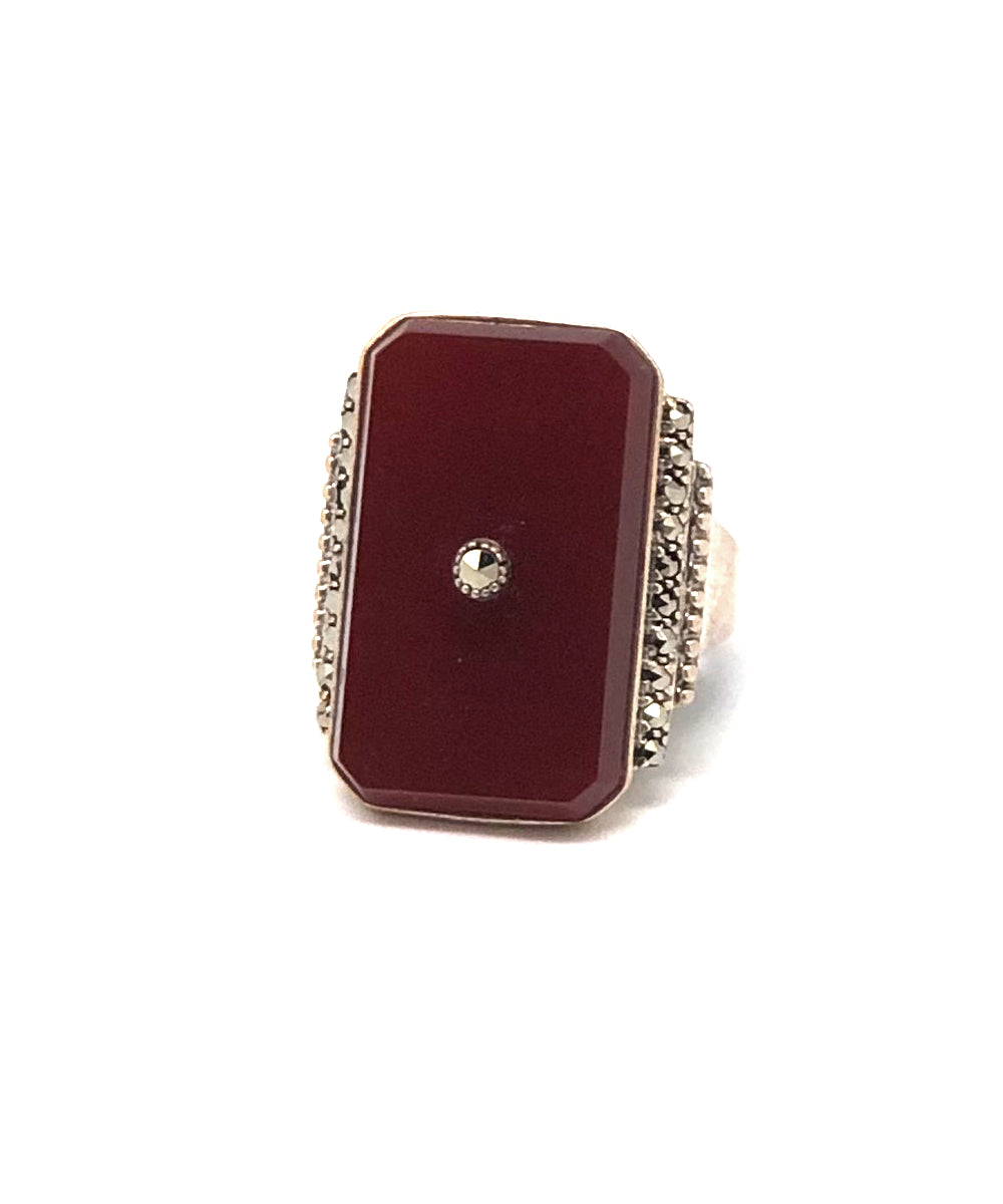 Bague art déco cornaline en argent et marcassites