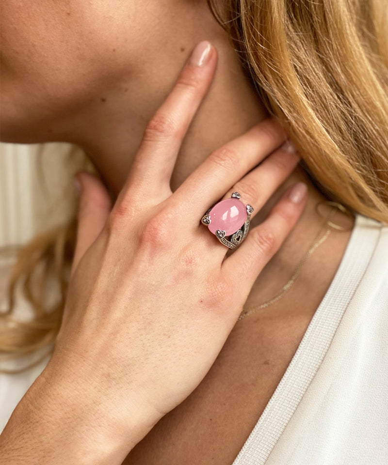 Pink jade art deco ring adorned with silver and designer marcasites