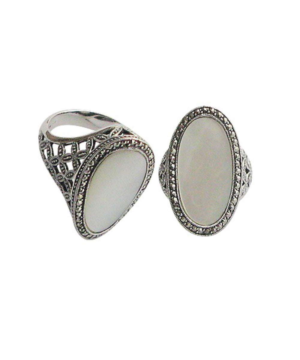 Bague nacre art deco ovale en argent et marcassites
