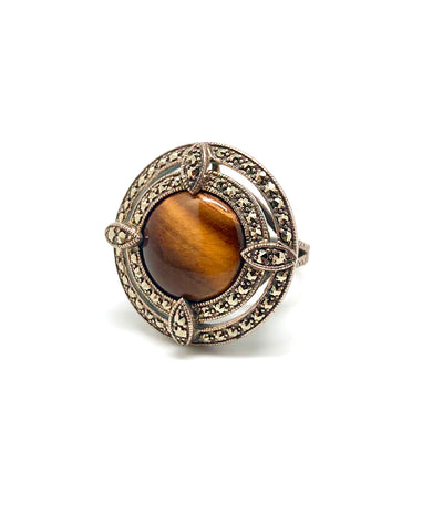 Round art deco tiger eye ring in silver and marcasites