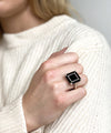 Square onyx ring in silver and marcasites in art deco style