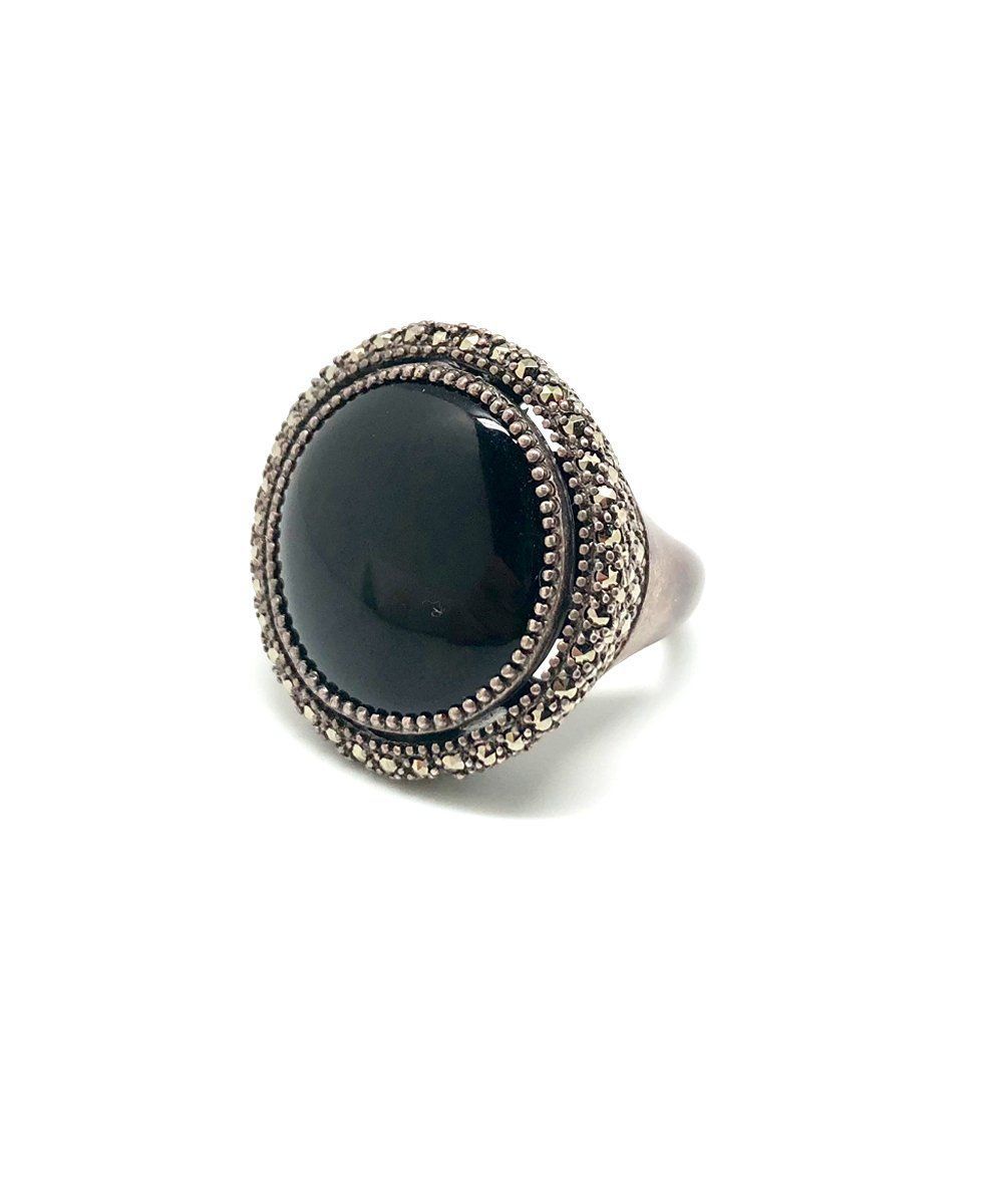 Bague onyx ronde, argent et marcassites créateur Bague