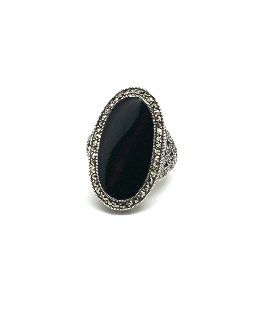 Bague onyx art deco ovale en argent et marcassites créateur