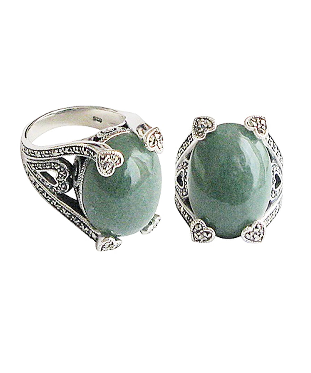 Bague art déco aventurine ornée d'argent et marcassites de créateur