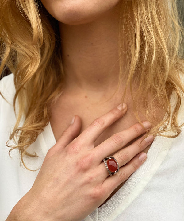 Bague En Cornaline Et Argent Massif 925 – Taille Réglable 52-59, Surélevée, Ovale, Création Française