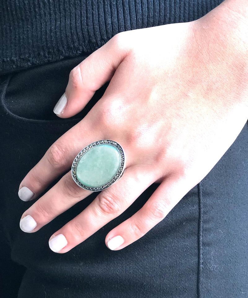 Large jade, marcasite and silver ring