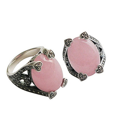 Pink jade art deco ring adorned with silver and designer marcasites