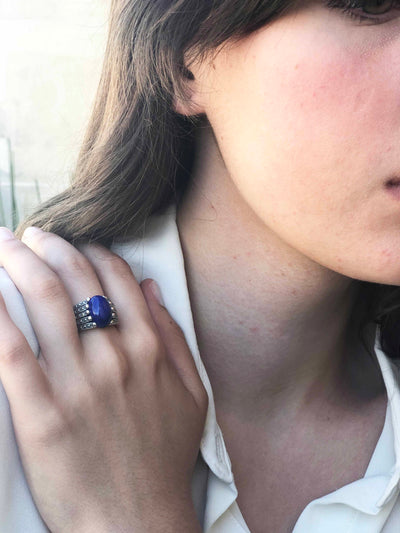 Art Deco lapis lazuli ring in 925 silver and marcasites