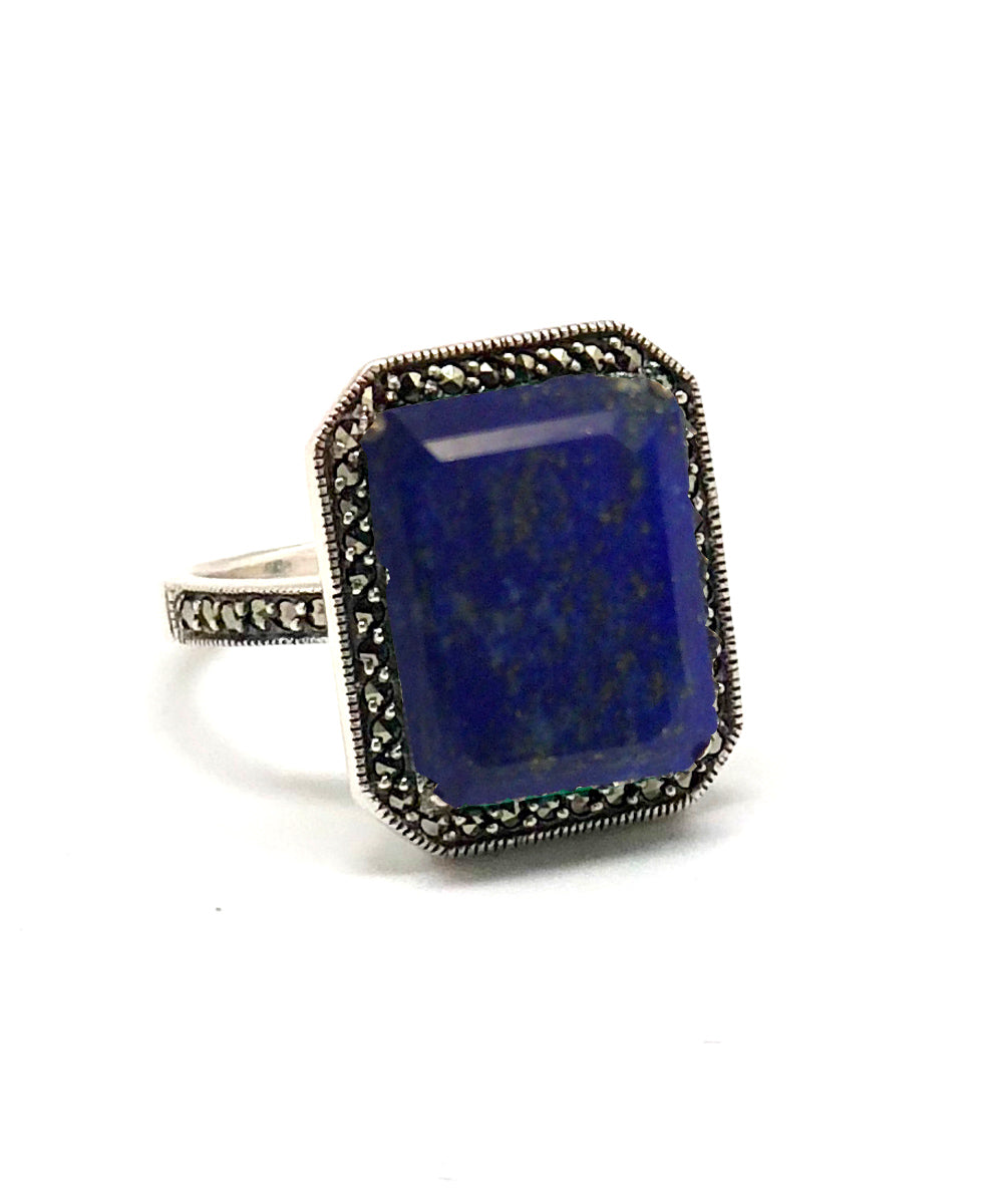 Bague lapis lazuli art déco, marcassites et argent