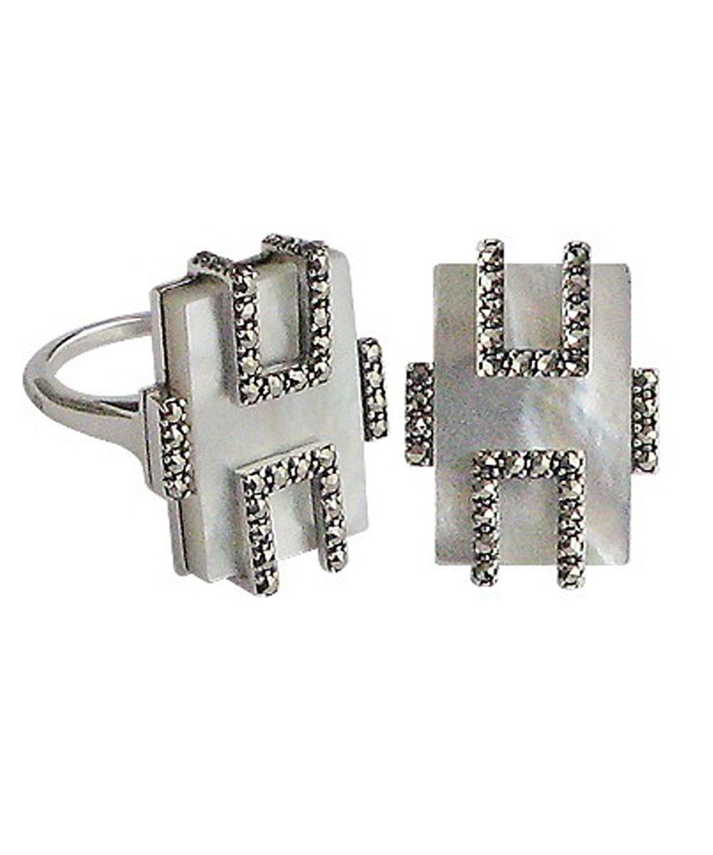 Grande bague nacre rectangulaire art déco en argent et marcassites
