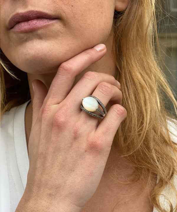 Bague Ancienne Style Art Déco En Argent 925 Avec Marcassites Et Nacre - Taille 52, Occasion