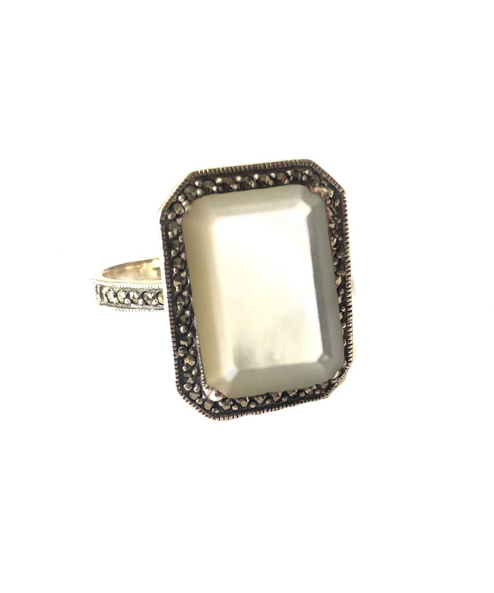 Bague nacre art déco, marcassites et argent