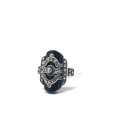 Art deco onyx ring, silver and marcasites