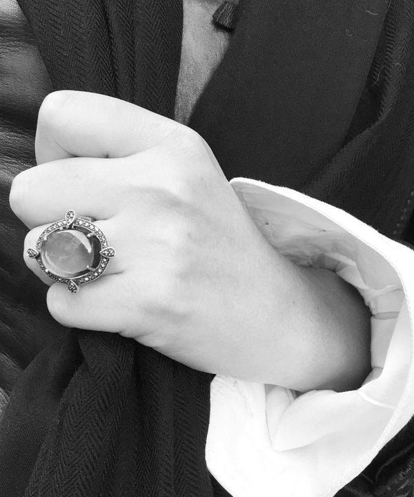 Bague En Argent Massif - Duo De Cabochons D'agates Blanches, Taille 51 - Occasion, Bijou Vintage