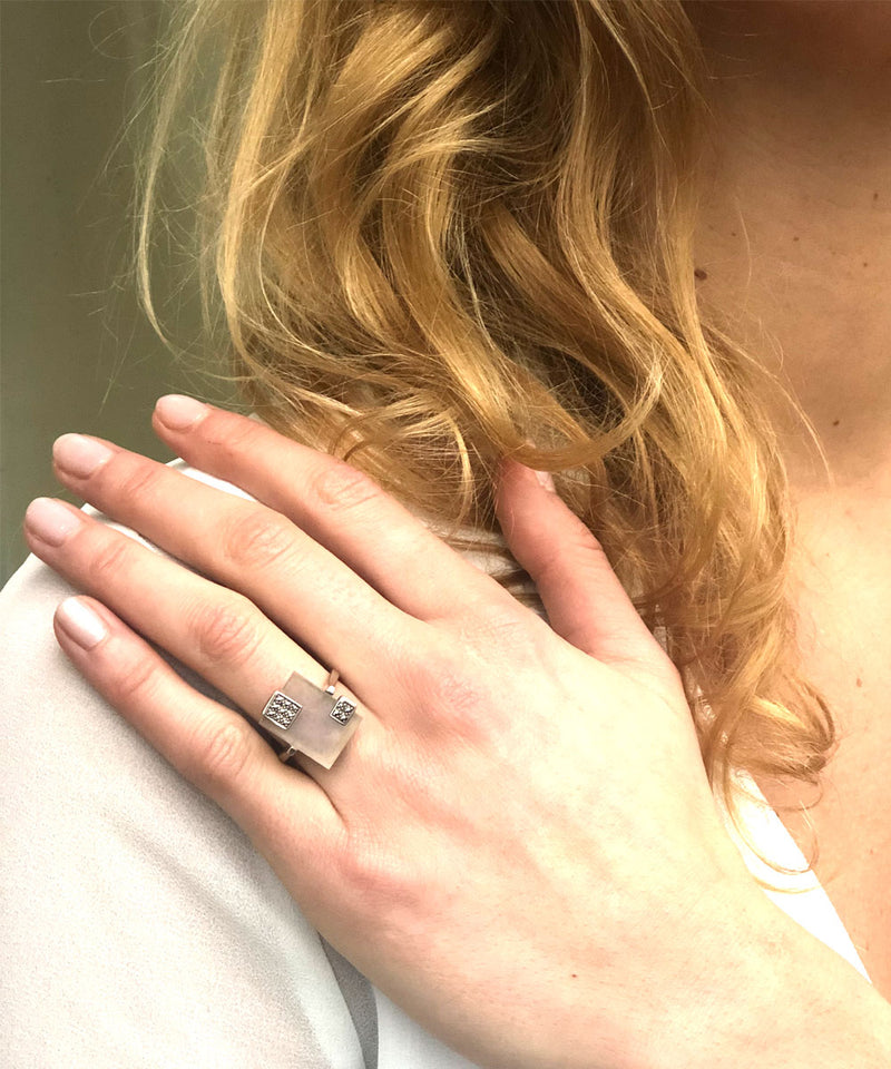 Rose quartz silver ring and marcasites art deco designer