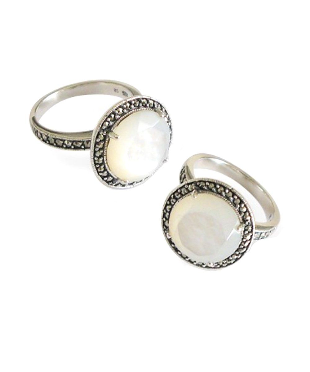 Bague nacre ronde en argent et marcassites créateur art déco