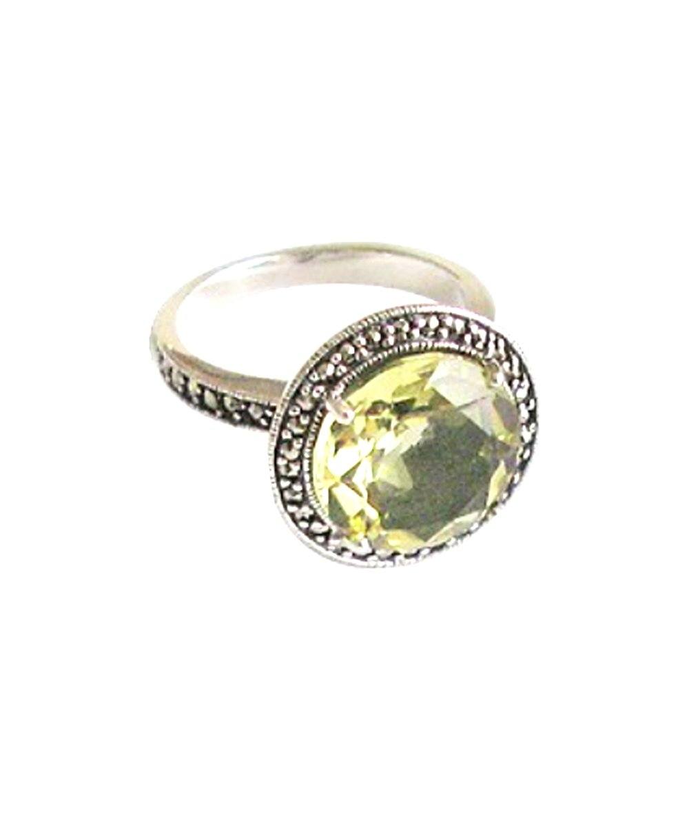 Bague citrine quartz jaune ronde en argent et marcassites créateur