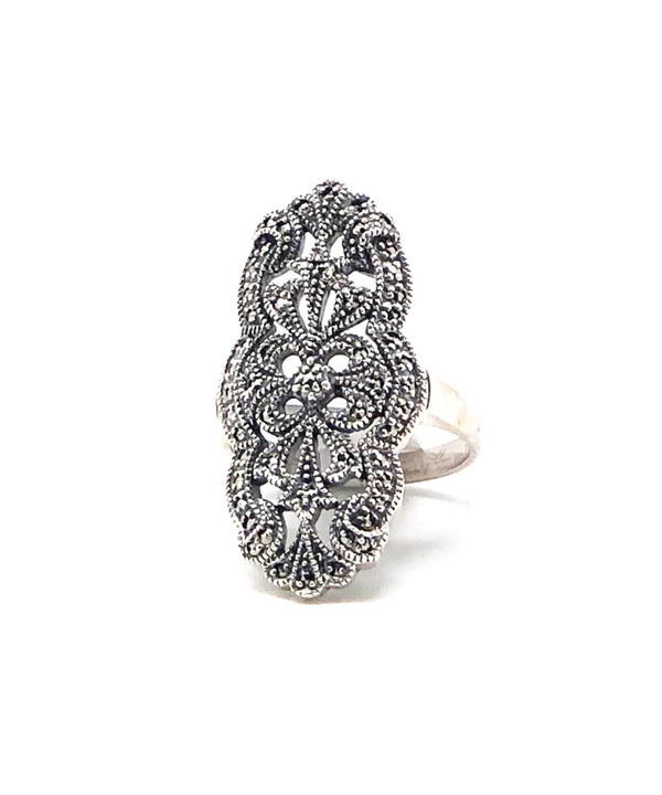 Bague Ancienne En Argent Massif Avec Grenat Et Marcassites - Taille 54 - Vintage