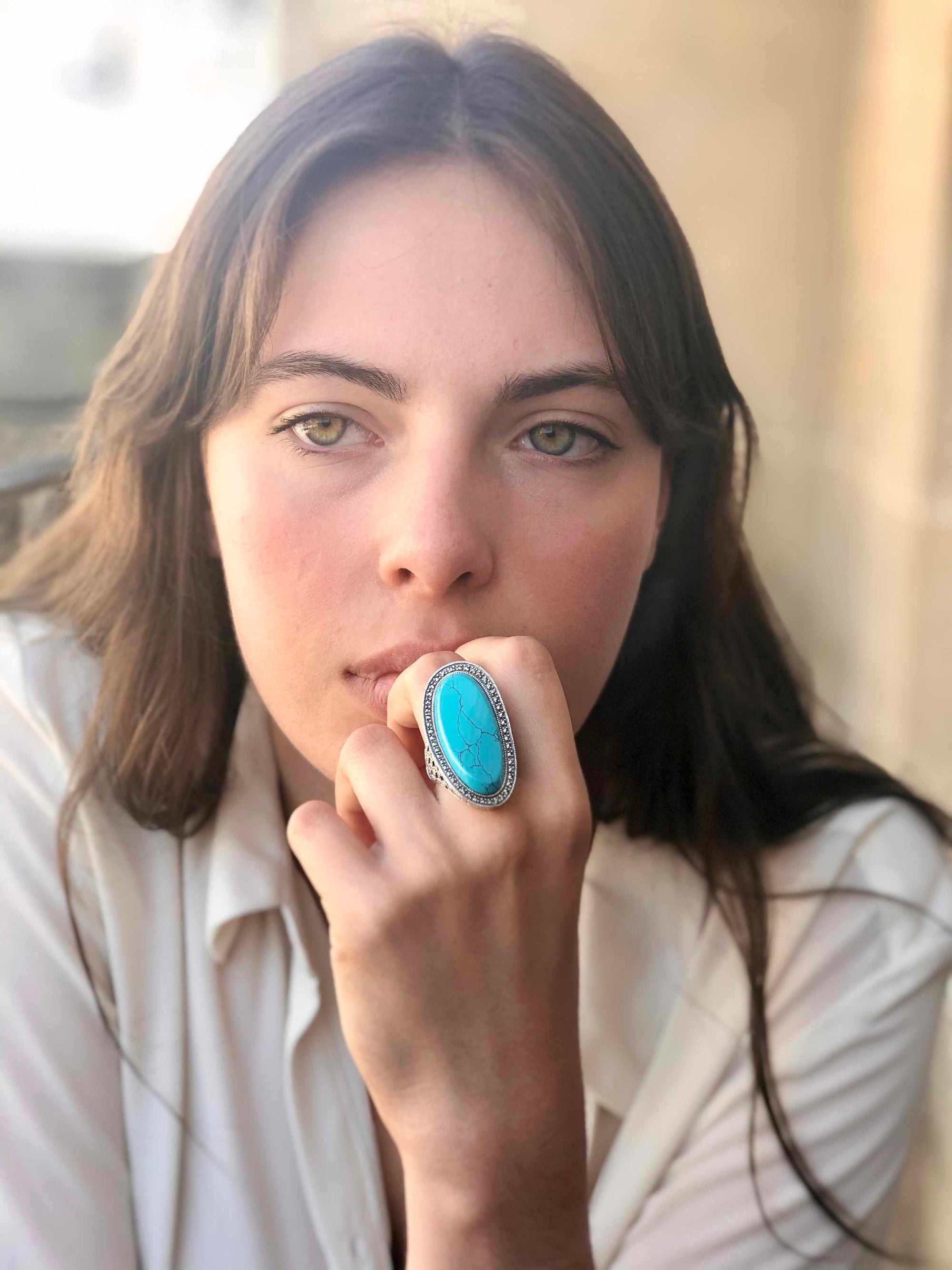 Longue bague turquoise art deco en argent et marcassites LESSisRARE