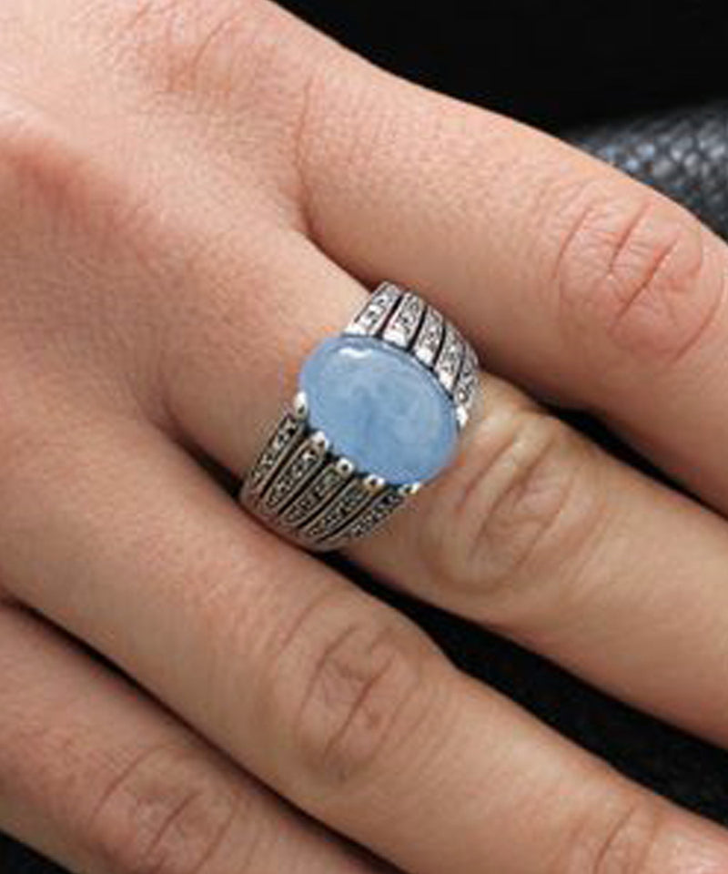 Blue jade ring in silver and marcasites front and side