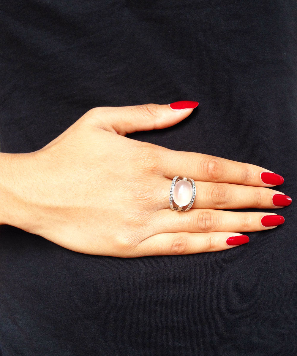 Bague quartz rose art déco ovale en argent 925 et marcassites pas