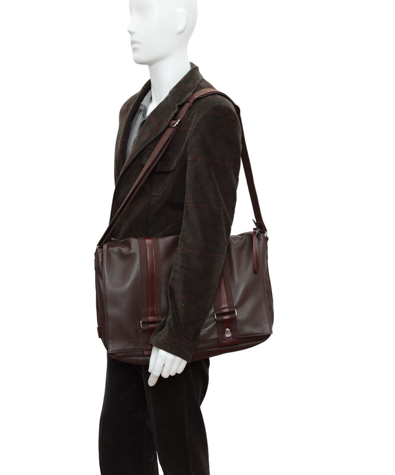 Large brown leather and linen messenger bag by Boregart - Editions LESSisRARE