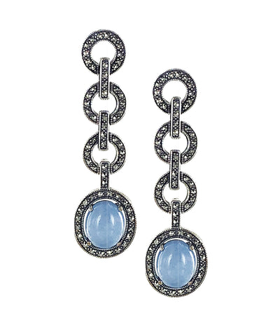 Marcasite blue jade and silver art deco circle earrings