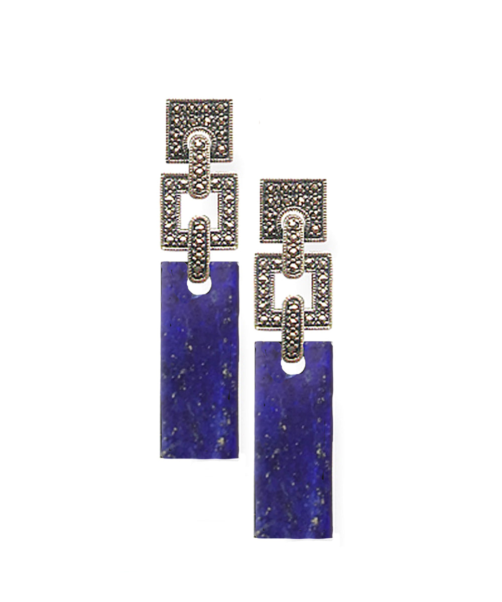 Boucles d'oreilles art déco lapis lazuli en argent  et marcassites