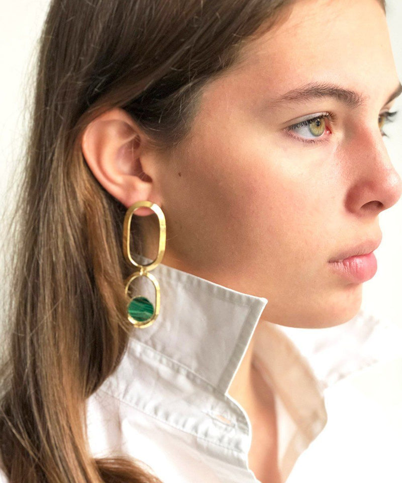 Long golden malachite earrings Shape XL designer Earrings