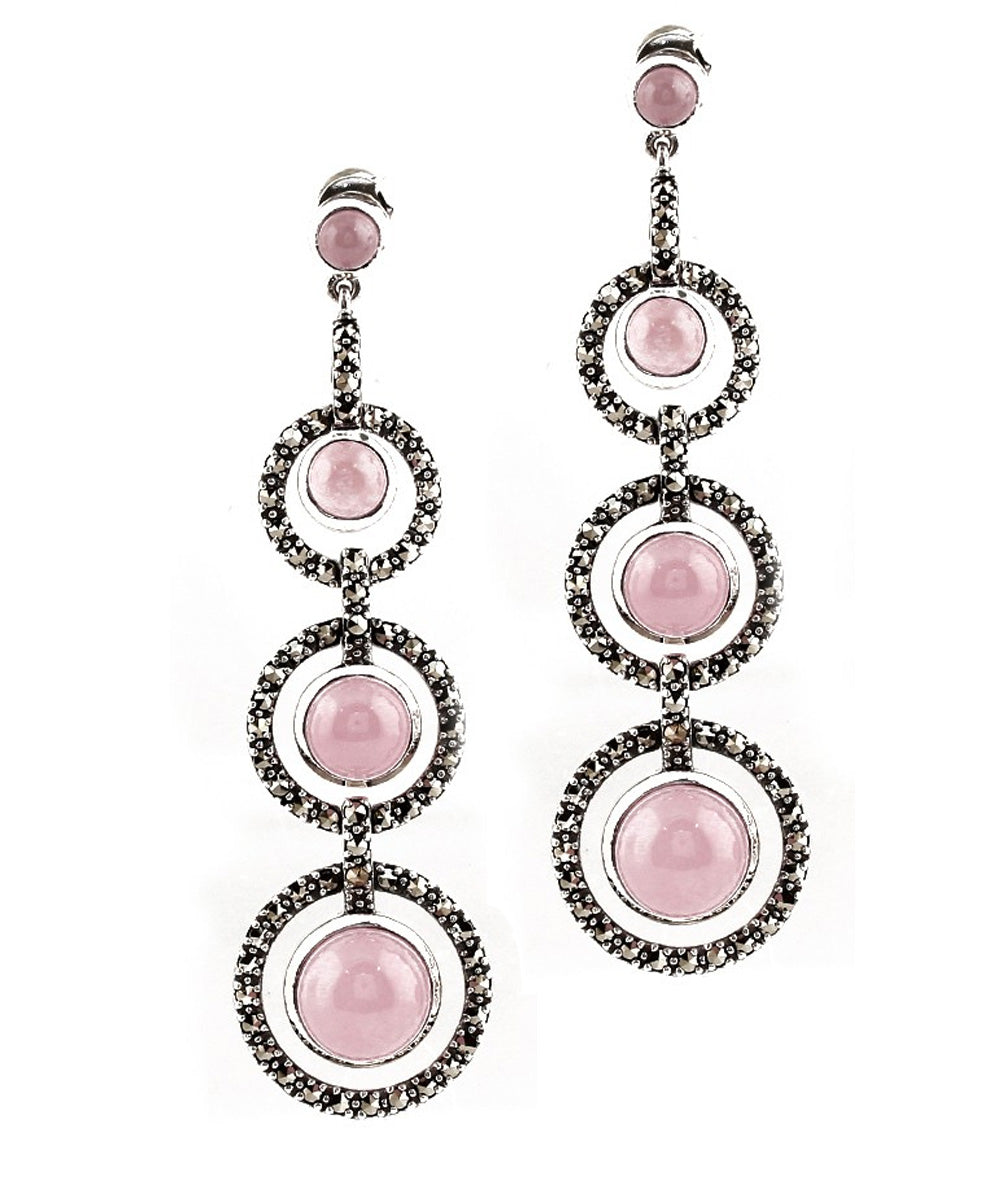 Boucles d'oreilles art déco quartz rose, marcassites et argent créateur 