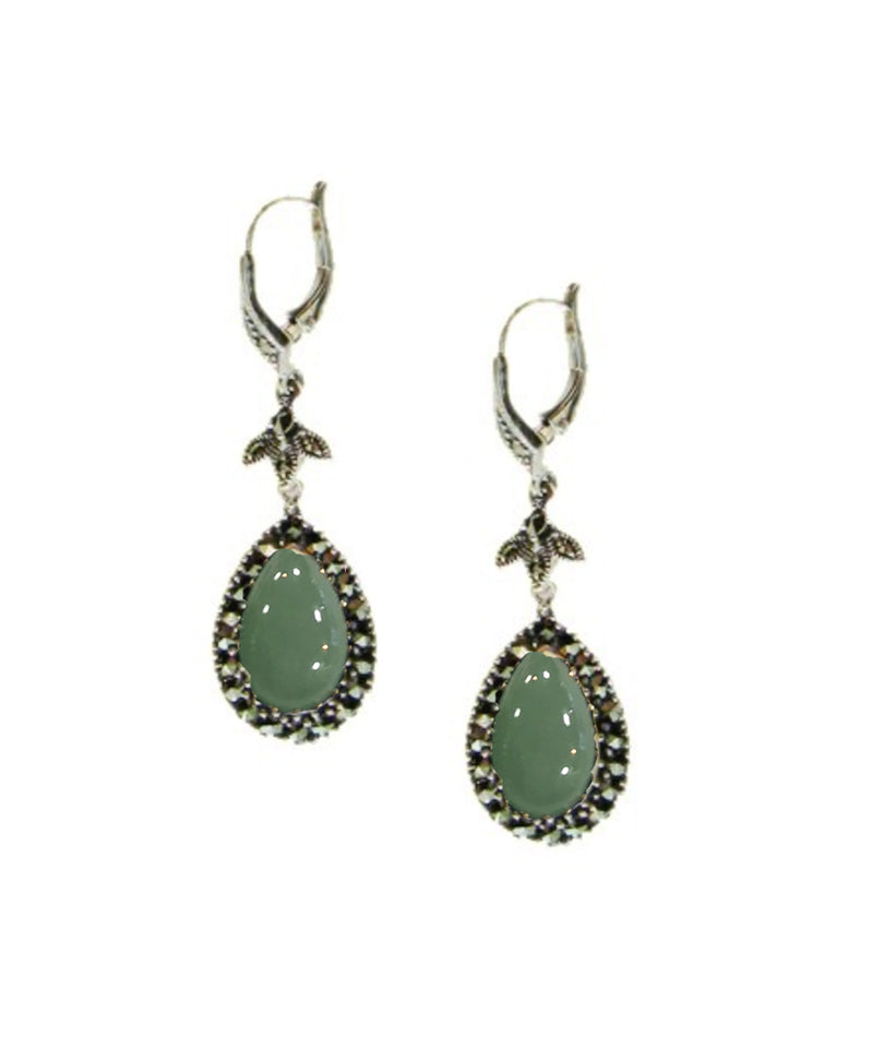 Jade drop earrings in silver and marcasites