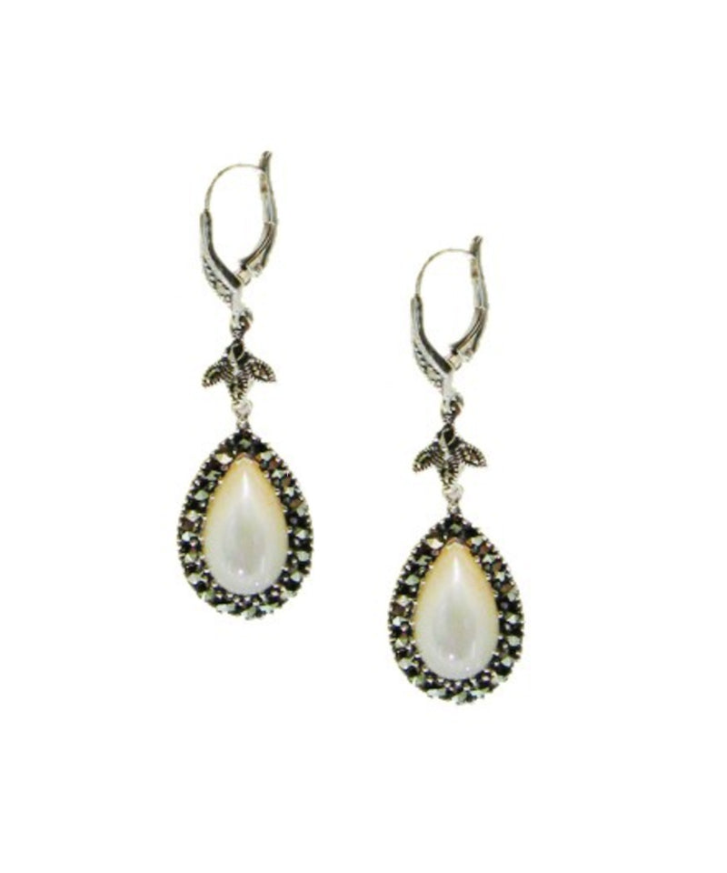 Mother-of-pearl drop earrings in silver and marcasites